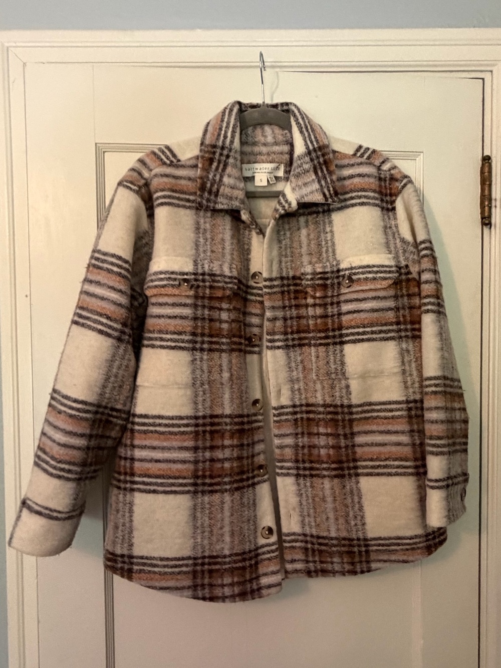 Saltwater Luxe Plaid Shacket Flannel Jacket Cream Brown Small